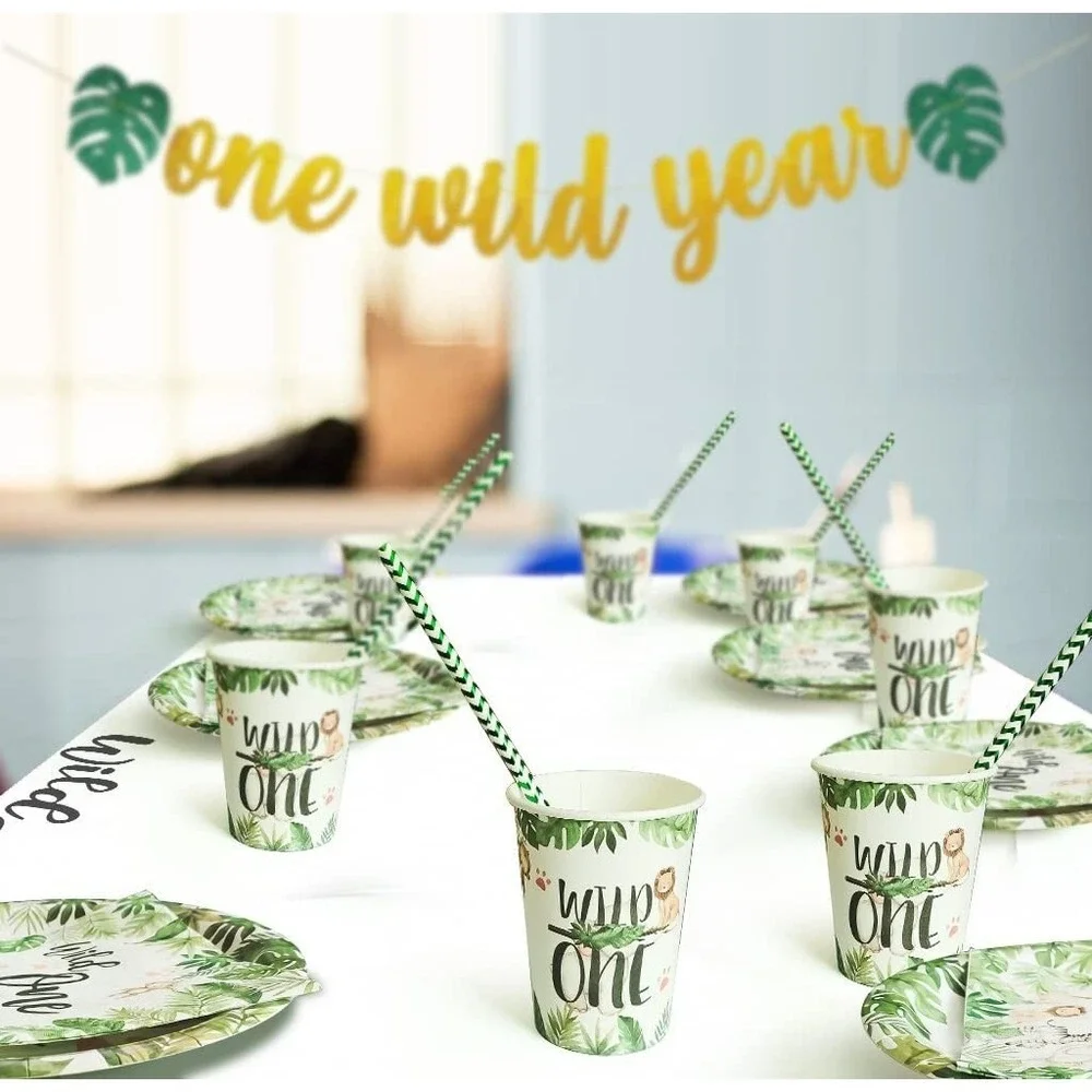 Wild one Jungle Safari First‎ Birthday Decorations for 24 Guests Over 220 Pieces